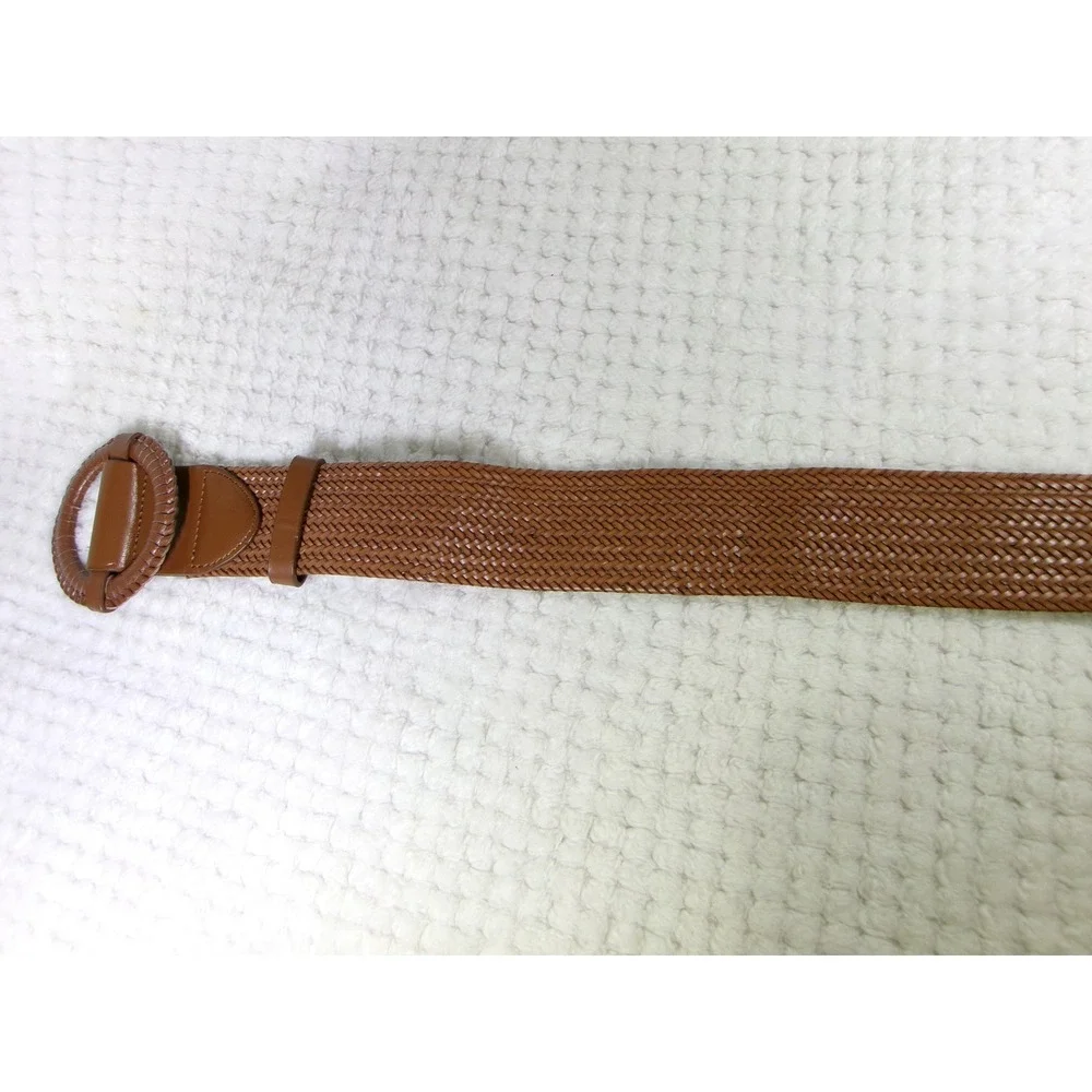 Old Navy Cognac Brown Wide Braided Belt M L Faux Leather Round Buckle Boho Woven